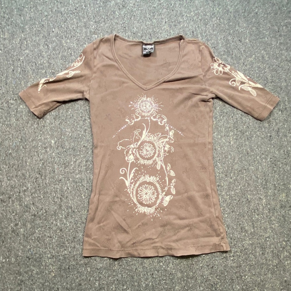 Sledge USA Graphic V Neck‎ TShirt Sz L Womens Brown Y2K Floral Ribbed Slim Fit